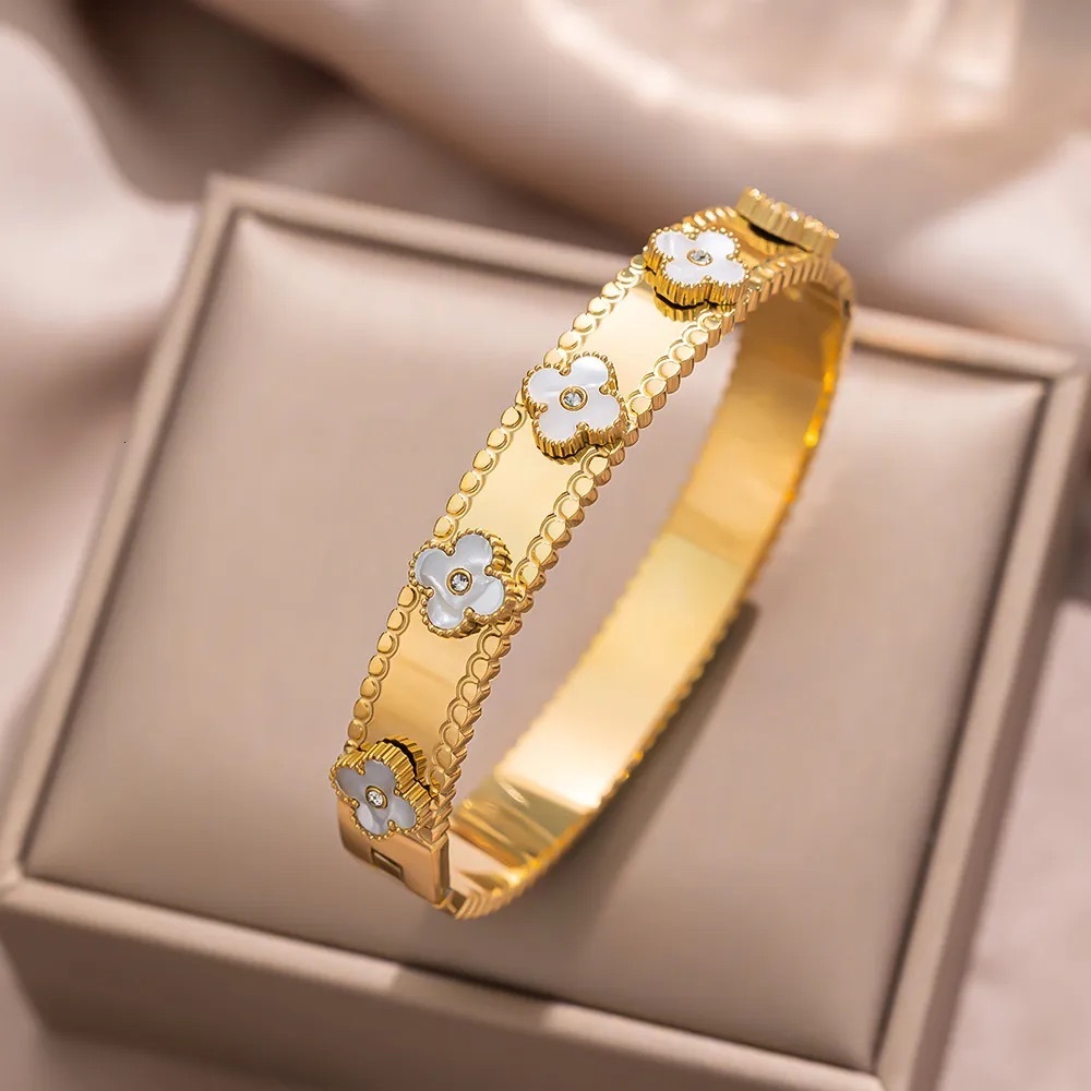 18K Gold Plated Four Leaf White Shell Bangle Bracelet